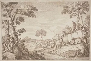 Sanguine Prints: A Pastoral Journey with a Boy Playing His Flute by a Tree