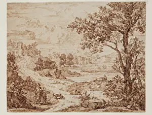 Cream Prints: Pastoral Landscape with Figures, c.between 1650 and 1675. Creator: Claude Lorrain