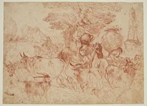 Cream Prints: Pastoral Scene with Cows, Other Animals and Travelers