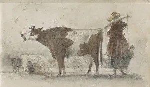 Pasture Prints: Pasture with cows and a farmer's wife with a yoke