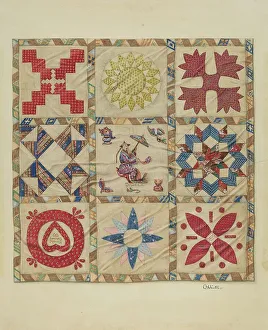 Winter Charlotte Prints: Patchwork Quilt, c. 1937. Creator: Charlotte Winter