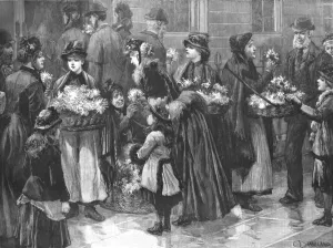 Staniland Charles Joseph Prints: For The Patients';Flower-Girls outside the University Hospital on a visiting day