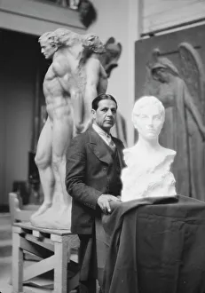 Portrait Photographs Prints: Patigian, Haig, Mr. with his sculptures, portrait photograph, 1927 Creator: Arnold Genthe
