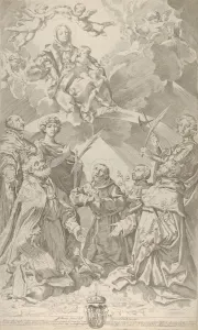 Guido Prints: Patron saints of Bologna looking upwards at the Virgin who is seated in the clouds with