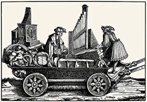 Burgkmair Prints: Paul Hofhaimer (1459-1537) on a wagon with positive organ