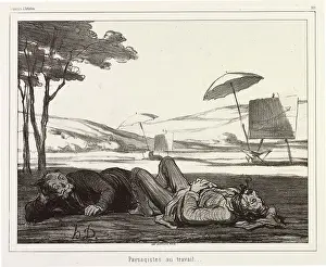 Umbrellas Prints: Paysagistes au travail (Landscape Artists at Work), 1862. Creator: Honore Daumier