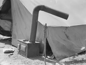 Flue Prints: Pea pickers tent near San Jose, California, 1939. Creator: Dorothea Lange