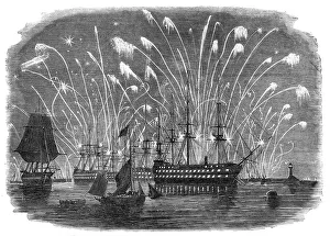 Rocket Prints: The Peace Commemoration at Plymouth - Rockets and General Illumination of the Fleet in the Sound - f Creator: Unknown