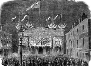Street Lamp Prints: The Peace Commemoration at Salford - the Townhall, 1856. Creator: Unknown