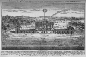 Green Park Prints: The peace rejoicings in the Green Park, Westminster, London, 1748 (1878)