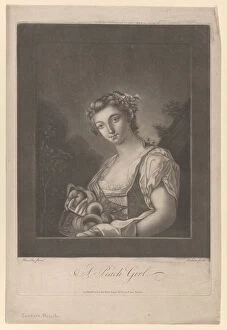 Mezzotint Gallery: A Peach Girl: a woman carrying peaches in her apron and holding up one, 1786. Creator: James Wilson
