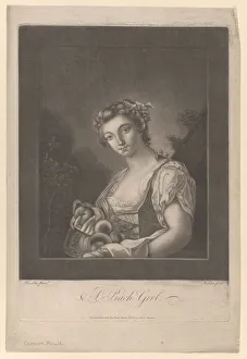 Mezzotint Gallery: A Peach Girl: a woman carrying peaches in her apron and holding up one, 1786. Creator: James Wilson