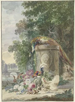 Chickens Prints: Peacock and Poultry in a Park, Chased by a Dog, c.1775-c.1800. Creator: Arie Lamme