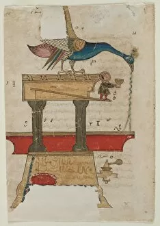 Mamluk Period Gallery: Peacock-shaped Hand Washing Device: Illustration from The Book of Knowledge...(recto), 1315