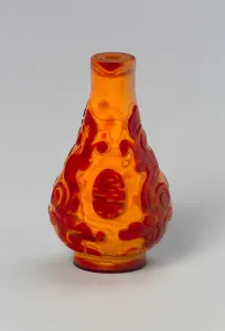 Glassworks Collection: Pear-Shaped Snuff Bottle with Stylized Dragons and Stylized 'Shou'