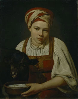 Alexei Gavrilovich 1780 1847 Gallery: A Peasant Girl with a Calf, End 1820s. Artist: Venetsianov, Alexei Gavrilovich (1780-1847)