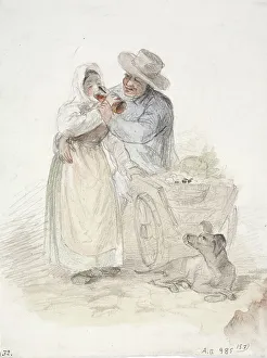 A peasant girl tries to finish a glass of beer... 1850-1855. Creator: Karl Anders Ekman