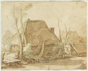 Huts Prints: Peasant huts on the banks of a river; around it bare trees