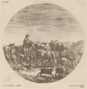 Etching On Laid Paper Restrike Prints: Peasant Seated on a Horse with Cows, Sheep, and Goats. Creator: Stefano della Bella