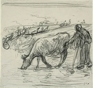 Watering Hole Prints: Peasant Watering Her Cow, 1871/1873. Creator: Jean Francois Millet
