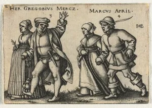 1500 1550 Prints: The Peasant Wedding or the Twelve Months: 3-Her Gregorius Mercz 4-Marcus April, 1546