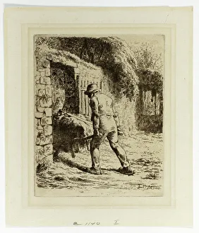 Jf Millet Prints: Peasant with a Wheelbarrow, 1855. Creator: Jean Francois Millet
