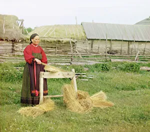 Flax Prints: Peasant woman breaking flax;Perm Province