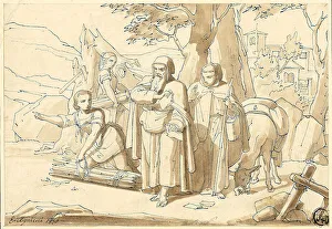 Directing Prints: Peasant Woman Giving Directions to Monks, 1850. Creator: Eugenio Agneni