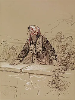 Distraction Prints: Peasant Woman Leaning on Wall, 1852-1866. Creator: Paul Gavarni