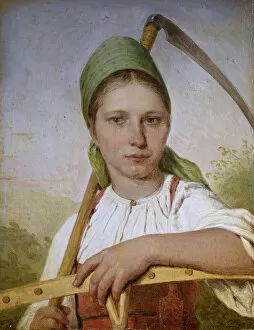 Alexei Gavrilovich 1780 1847 Gallery: Peasant woman with a scythe and rake, before 1825. Artist: Venetsianov