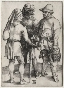 Late 15th Century Prints: Three Peasants in Conversation, c. 1497. Creator: Albrecht Dürer (German, 1471-1528)