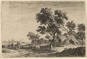 Farm Building Prints: Three Peasants on a Knoll outside a Hamlet. Creator: Anthonie Waterloo
