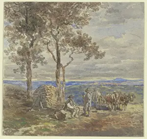 Sunny Prints: Two peasants with their ox-drawn cart