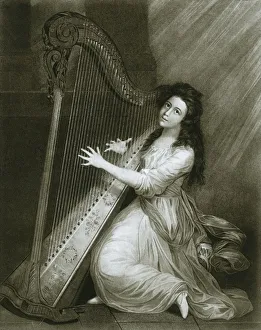 Harp Prints: Pedal harp with hook action; coloured engraving from the end of the eighteenth century