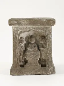 Sui Dynasty Prints: Pedestal with Buddha, bodhisattvas, and monks, Sui dynasty, 581-618. Creator: Unknown