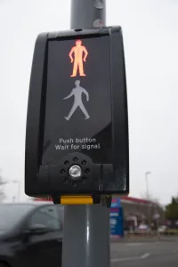 Pedestrian crossing with Radix rotating cone tactile equipment. Creator: Unknown