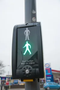 Pedestrian Prints: Pedestrian crossing with Radix rotating cone tactile equipment. Creator: Unknown