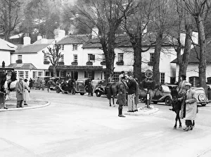 Pony Prints: Pedestrians and riders outside the Burford Bridge Hotel, Surrey, (c1930s?)