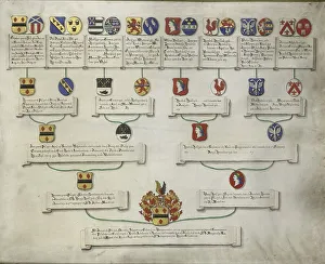 Burgermeister Prints: Pedigree with the coats of arms of the sixteen quarters of Jan van de Poll