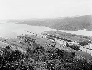 Panama Prints: Pedro Miguel Locks, birdseye view, Panama Canal, between 1913 and 1920. Creator: Unknown