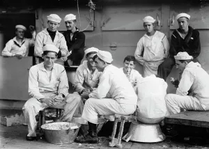 Dreadnought Prints: Peeling potatoes on USS Arkansas, between c1910 and c1915. Creator: Bain News Service