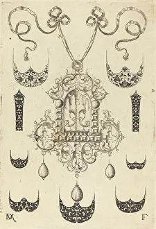 Shields Prints: Pendant Surrounded by Seven Shields and Two Ornamental Bands, 1593. Creator: Daniel Mignot