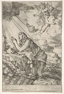 Giulio Prints: Penitent Magdalen kneeling on a rocky ground before a skull and bones, an ointment