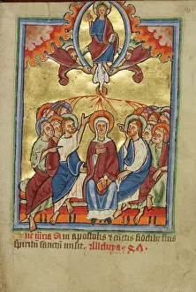 Illumination Painting Prints: Pentecost, about 1190-1200; text added about 1480-1490. Creator: Unknown