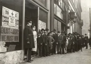 Influenza Prints: People line outside a store to buy face masks