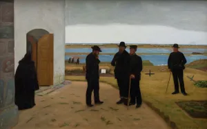 Churchyard Prints: People outside a church, Harboore, Jutland, 1906. Creator: Niels Bjerre