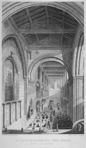 Billings Prints: People in pews inside the Church of St Bartholomew-the-Great