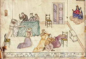 Birth Prints: Four people praying to Sansovino's Virgin and Child for a woman in premature childbirth