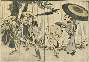 Dutton Gallery: People in the rain, 1819, (1924). Creator: Hokusai