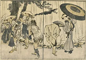 Dutton Gallery: People in the rain, 1819, (1924). Creator: Hokusai